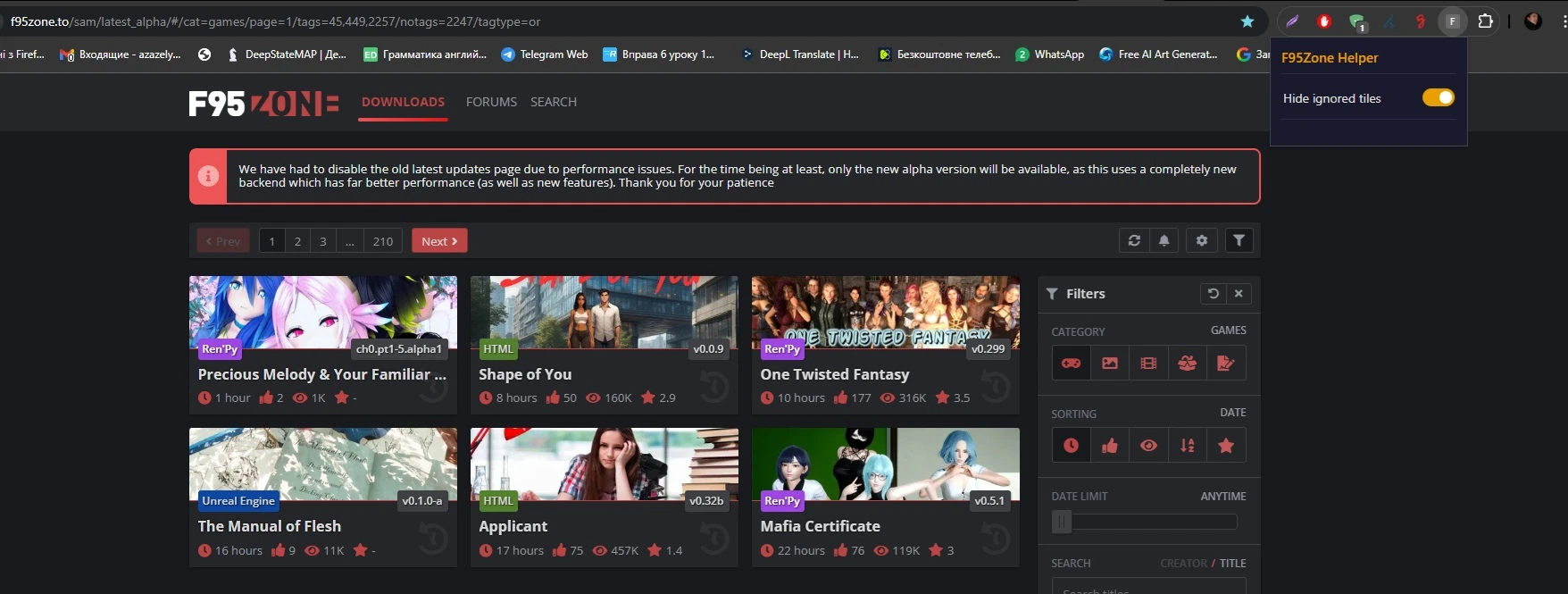 F95Zone extension — Hide ignored tiles toggle enabled